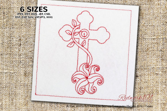 Cross with Floral Redwork for Holiday Crafts